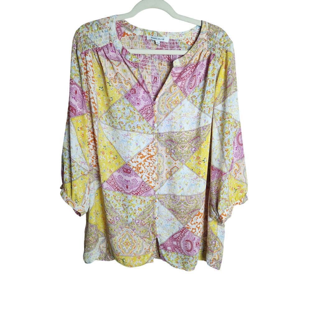 Rose and + Olive patchwork button front blouse Sz 1X peasant 3/4 sleeve flowy